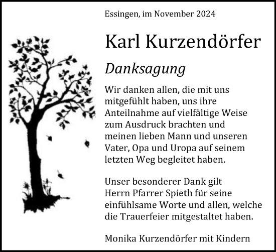 Traueranzeige von Karl Kurzendörfer von Schwäbische Post