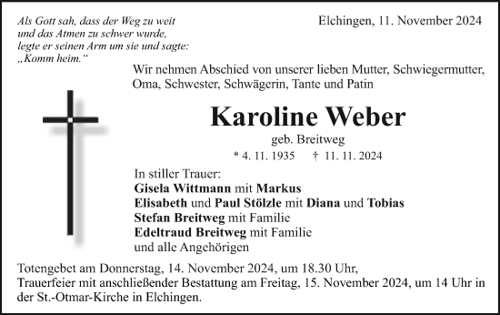 Traueranzeige von Karoline Weber von Schwäbische Post
