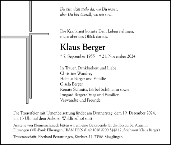 Traueranzeige von Klaus Berger von Schwäbische Post