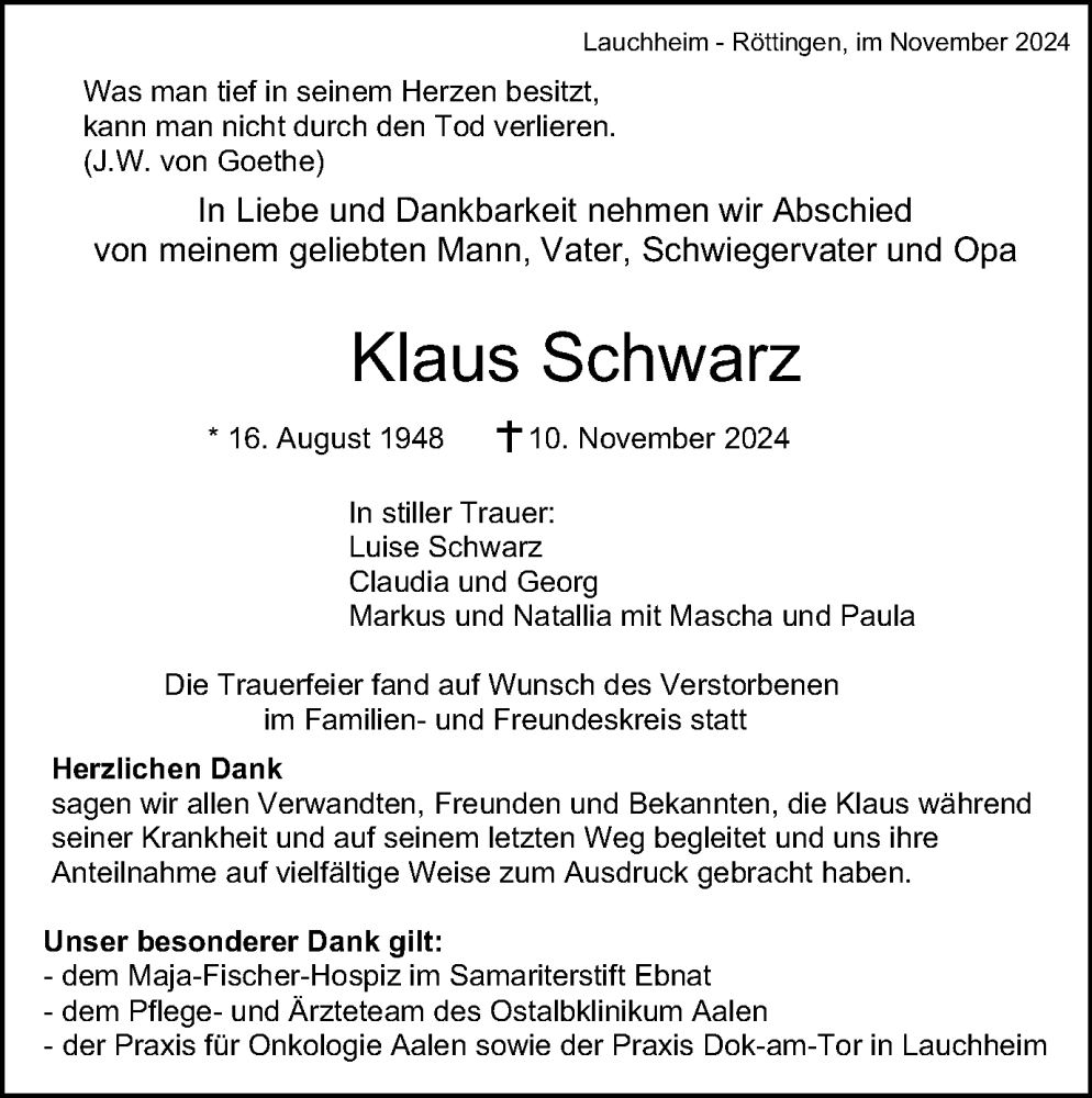  Traueranzeige für Klaus Schwarz vom 30.11.2024 aus Schwäbische Post