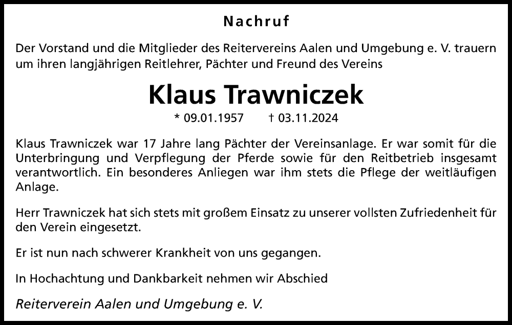  Traueranzeige für Klaus Trawniczek vom 23.11.2024 aus Schwäbische Post