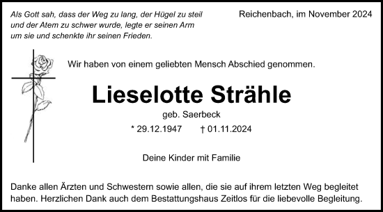Traueranzeige von Lieselotte Strähle von Schwäbische Post