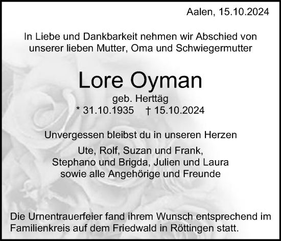 Traueranzeige von Lore Oyman von Schwäbische Post