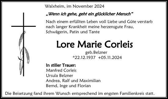 Traueranzeige von Lore Marie Corleis von Schwäbische Post