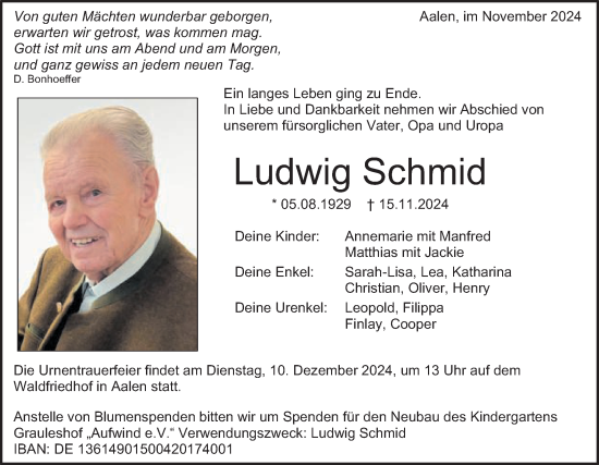 Traueranzeige von Ludwig Schmid von Schwäbische Post