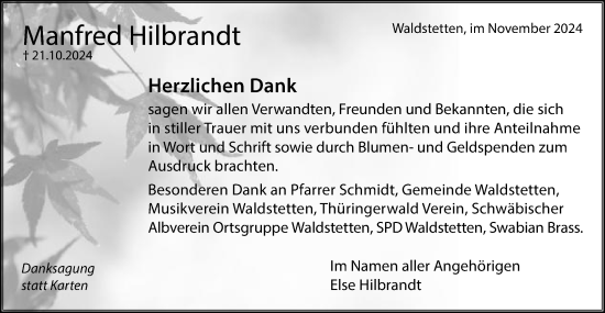 Traueranzeige von Manfred Hilbrandt von Gmünder Tagespost