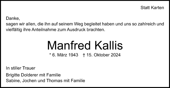 Traueranzeige von Manfred Kallis von Schwäbische Post