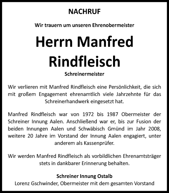 Traueranzeige von Manfred Rindfleisch von Schwäbische Post