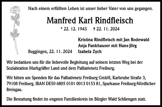 Traueranzeige von Manfred Karl Rindfleisch von Schwäbische Post