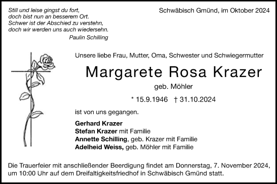 Traueranzeige von Margarete Rosa Krazer von Gmünder Tagespost
