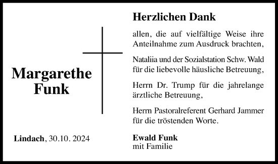 Traueranzeige von Margarethe Funk von Gmünder Tagespost