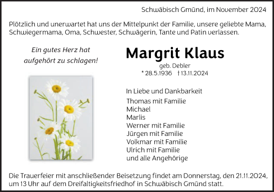 Traueranzeige von Margrit Klaus von Gmünder Tagespost