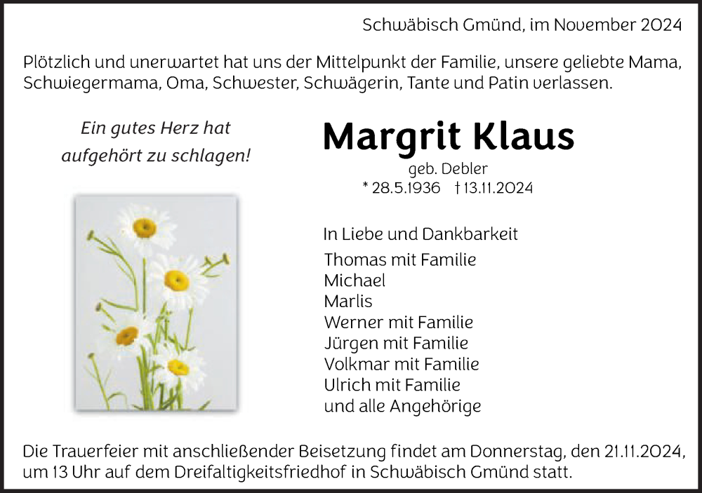  Traueranzeige für Margrit Klaus vom 19.11.2024 aus Gmünder Tagespost