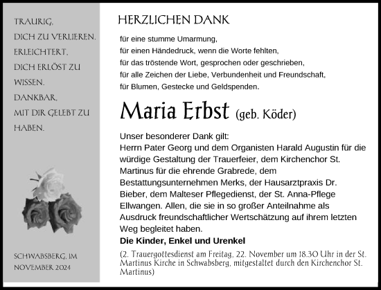 Traueranzeige von Maria Erbst von Schwäbische Post