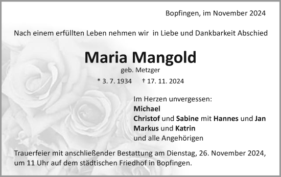 Traueranzeige von Maria Mangold von Schwäbische Post