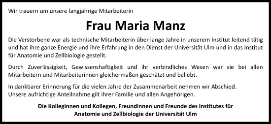 Traueranzeige von Maria Manz von Schwäbische Post