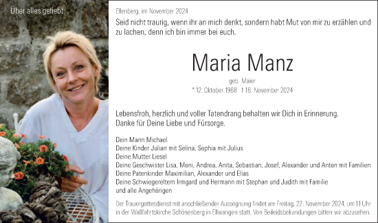Traueranzeige von Maria Manz von Schwäbische Post