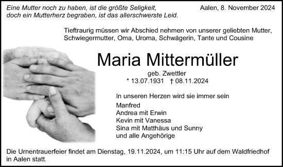 Traueranzeige von Maria Mittermüller von Schwäbische Post