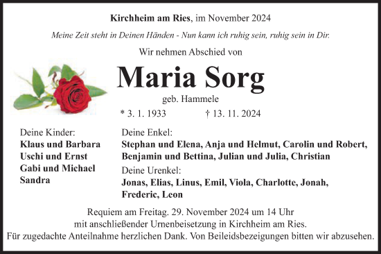 Traueranzeige von Maria Sorg von Schwäbische Post