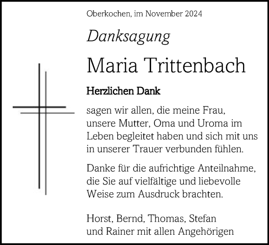 Traueranzeige von Maria Trittenbach von Schwäbische Post