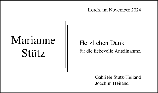Traueranzeige von Marianne Stütz von Gmünder Tagespost