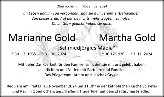 Traueranzeige von Marianne und Martha Gold von Schwäbische Post