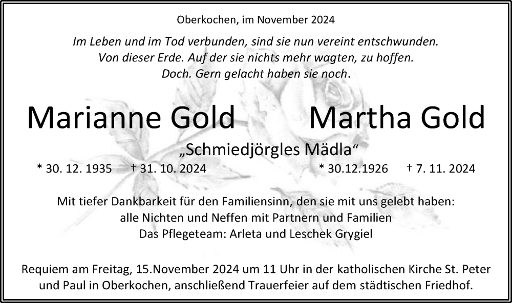  Traueranzeige für Marianne und Martha Gold vom 12.11.2024 aus Schwäbische Post