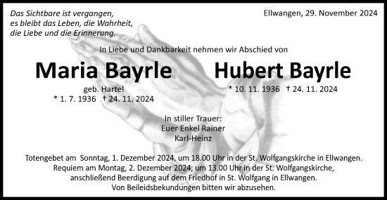 Traueranzeige von Maria und Hubert Bayrle von Schwäbische Post