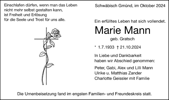 Traueranzeige von Marie Mann von Gmünder Tagespost