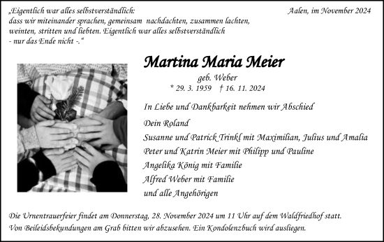Traueranzeige von Martina Maria Meier von Schwäbische Post