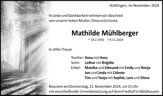 Traueranzeige von Mathilde Mühlberger von Schwäbische Post