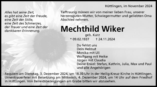 Traueranzeige von Mechthild Wiker von Schwäbische Post