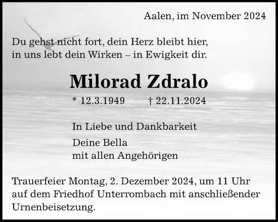 Traueranzeige von Milorad Zdralo von Schwäbische Post