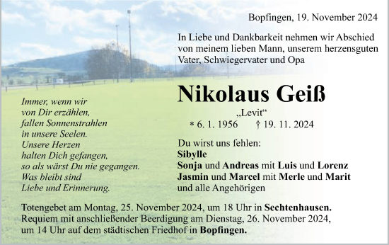 Traueranzeige von Nikolaus Geiß von Schwäbische Post