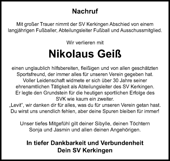 Traueranzeige von Nikolaus Geiß von Schwäbische Post