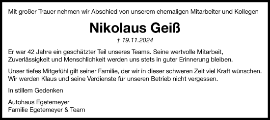 Traueranzeige von Nikolaus Geiß von Schwäbische Post