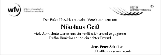Traueranzeige von Nikolaus Geiß von Schwäbische Post