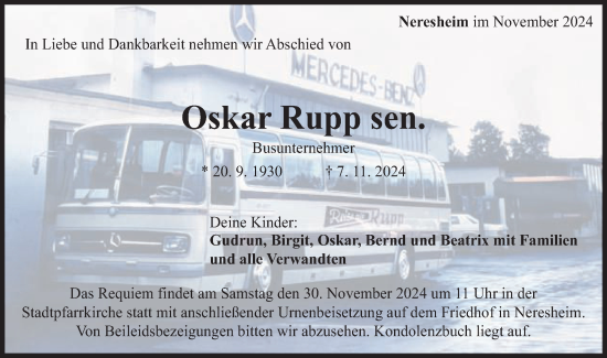 Traueranzeige von Oskar Rupp von Schwäbische Post