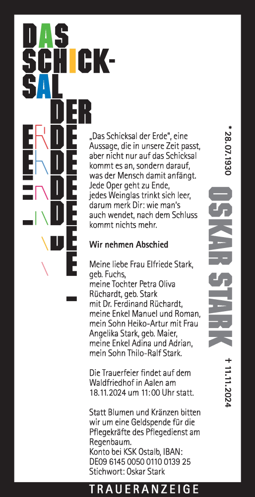 Traueranzeige von Oskar Stark von Schwäbische Post