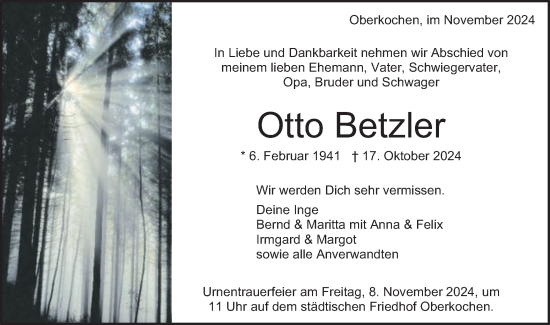 Traueranzeige von Otto Betzler von Schwäbische Post