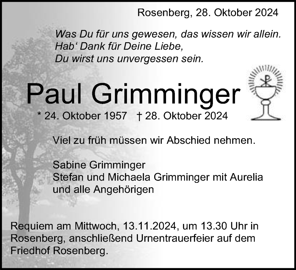  Traueranzeige für Paul Grimminger vom 09.11.2024 aus Schwäbische Post