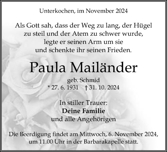 Traueranzeige von Paula Mailänder von Schwäbische Post