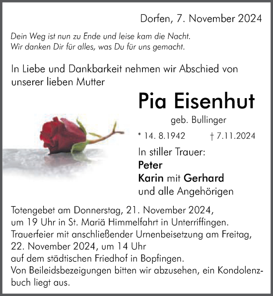 Traueranzeige von Pia Eisenhut von Schwäbische Post