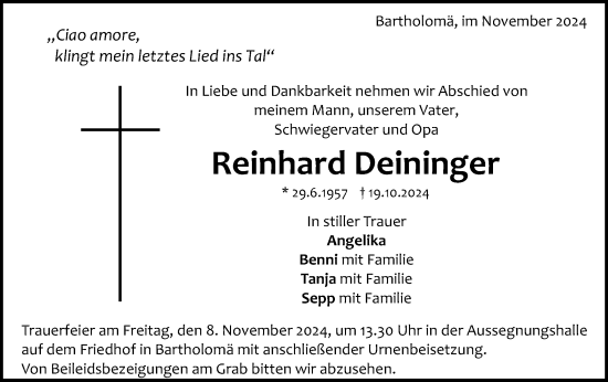 Traueranzeige von Reinhard Deininger von Gmünder Tagespost