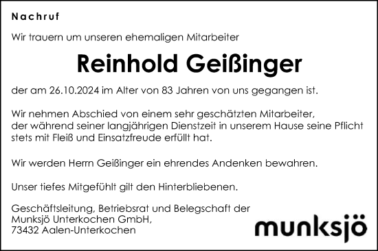 Traueranzeige von Reinhold Geißinger von Schwäbische Post