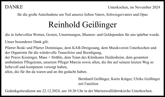 Traueranzeige von Reinhold Geißinger von Schwäbische Post