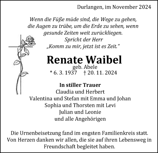 Traueranzeige von Renate Waibel von Gmünder Tagespost