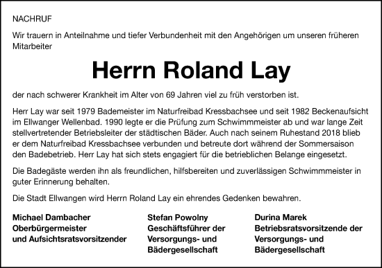Traueranzeige von Roland Lay von Schwäbische Post
