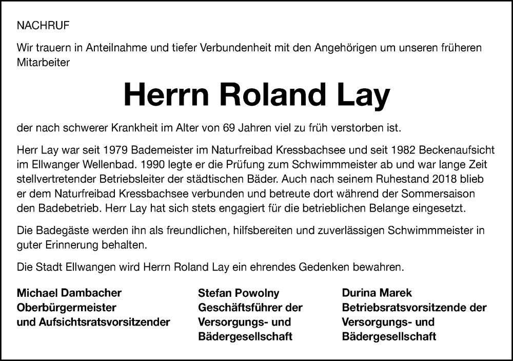  Traueranzeige für Roland Lay vom 09.11.2024 aus Schwäbische Post