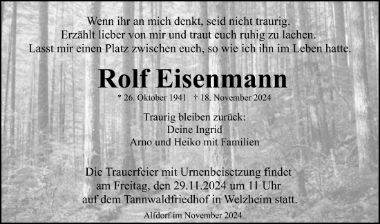Traueranzeige von Rolf Eisenmann von Schwäbische Post